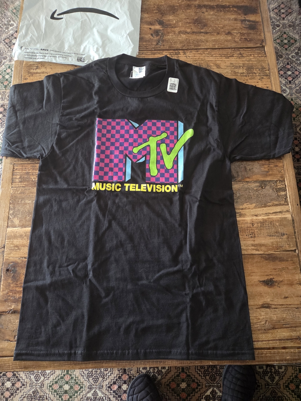 Mens MTV Black Tee with Pink Checkerboard Logo & Neon Green Accent Small
